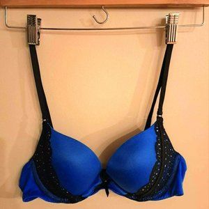 GORGEOUS Victoria's Secret 36A Push up Bra Very Sexy Royal Blue Black Rhinestone